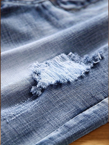 Jeans, Washed, Distressed, Straight Leg, Durable Fabric, Men's Street Style Shorts, Ripped And Stretchy Men's Mid- Length Shorts Summer, Tight- Fitting And Worn- Out Men's Pants