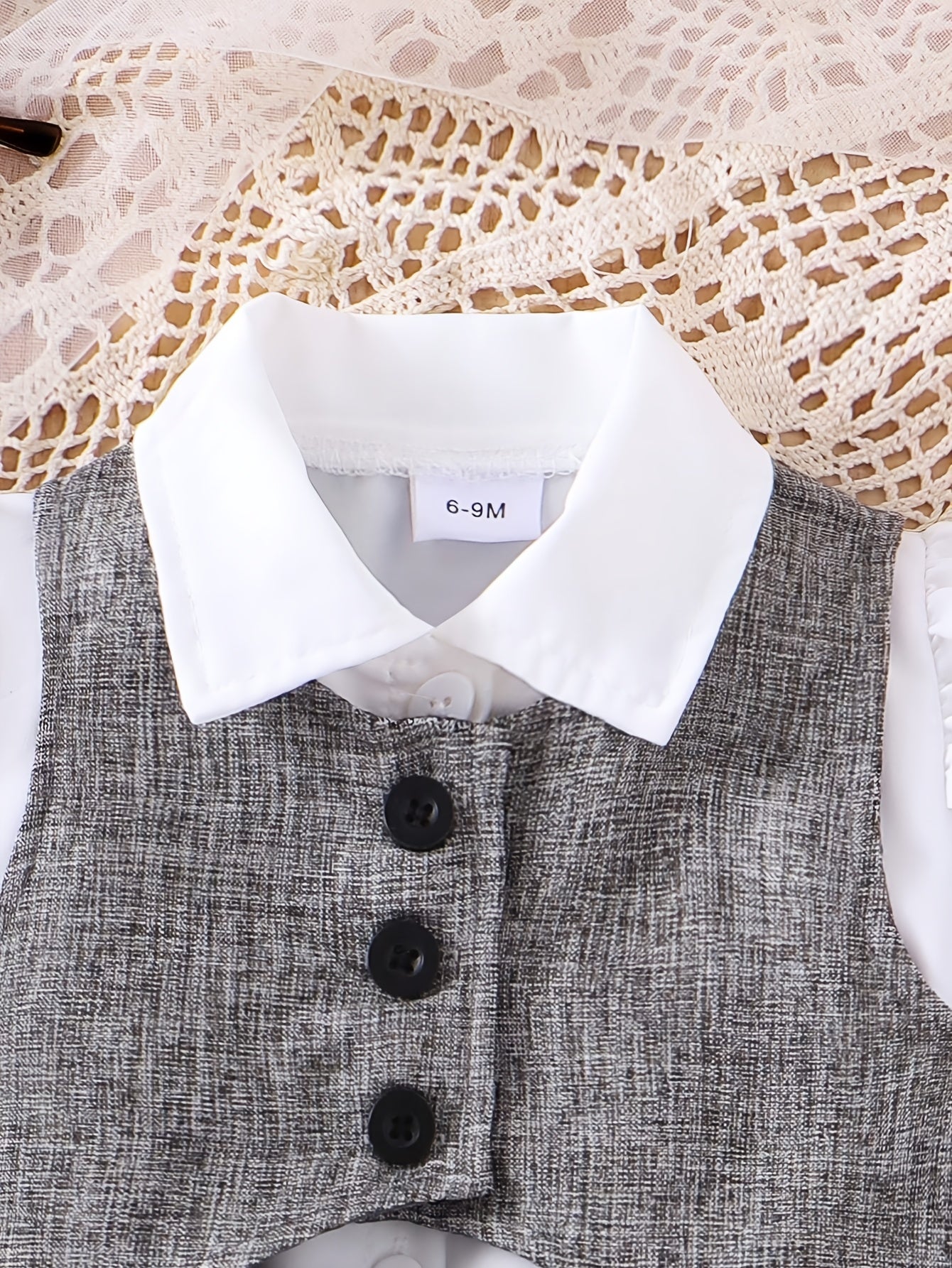 3pcs Girls' Preppy Uniform Set - 100% Polyester Baby Outfit with White Puff Sleeve Blouse, Grey Vest & Pleated Skirt, Short Sleeve Dress Suit for, Weddings, Photoshoots (Hand Washable), Perfect for Outdoor
