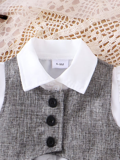 3pcs Girls' Preppy Uniform Set - 100% Polyester Baby Outfit with White Puff Sleeve Blouse, Grey Vest & Pleated Skirt, Short Sleeve Dress Suit for, Weddings, Photoshoots (Hand Washable), Perfect for Outdoor