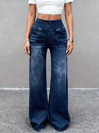 Women's Washed High-Waisted Wide-Leg Jeans Stretch Waistband with Drapey Straight Legs Relaxed Fit Trendy Denim Pants