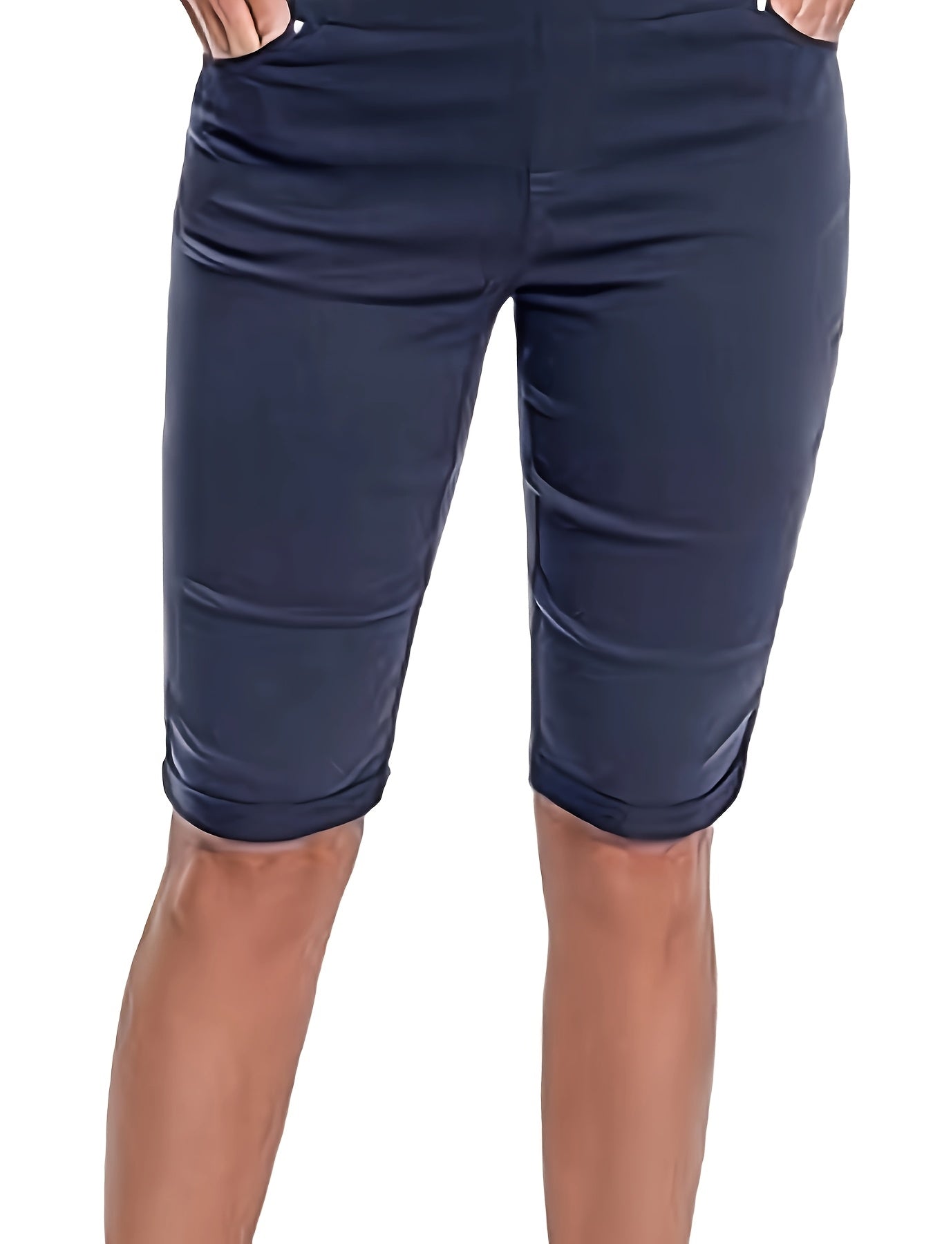Women's Stretchy Pull On Bermuda Shorts High Waist Office to Vacation Pants, Non See Through Fabric, Machine Washable with 5 Pockets & Cuffed Hem for Everyday, Formal Events Elegant Casual All Season Shorts