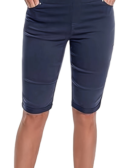 Women's Stretchy Pull On Bermuda Shorts High Waist Office to Vacation Pants, Non See Through Fabric, Machine Washable with 5 Pockets & Cuffed Hem for Everyday, Formal Events Elegant Casual All Season Shorts