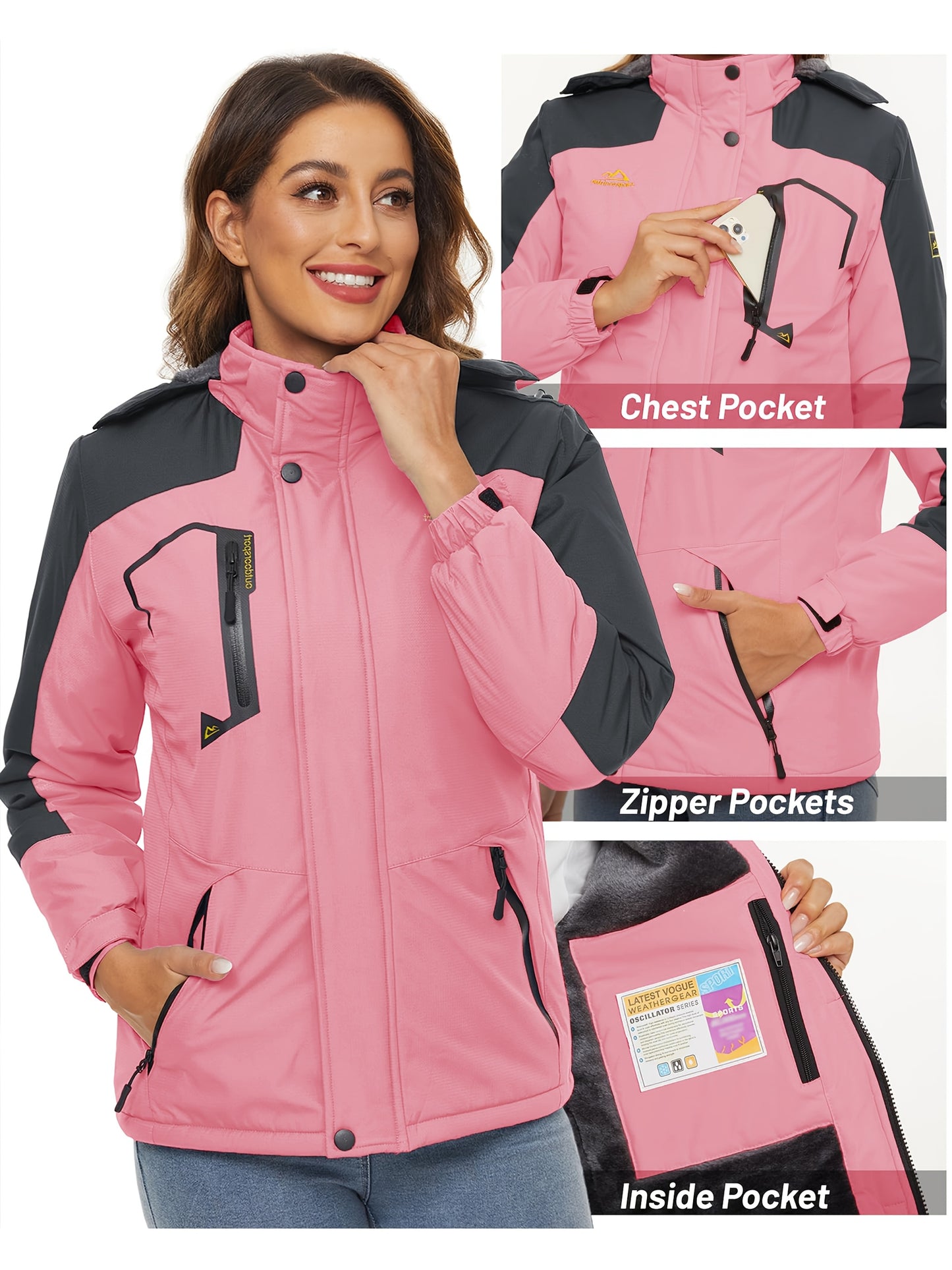 Women'S Warm Ski Jackets Winter Windproof Thermal Fleece Lined Coats Outdoor Detachable Hooded Heavy Weight Thick Jacket Camping Climbing Traveling Snowboard Windbreaker