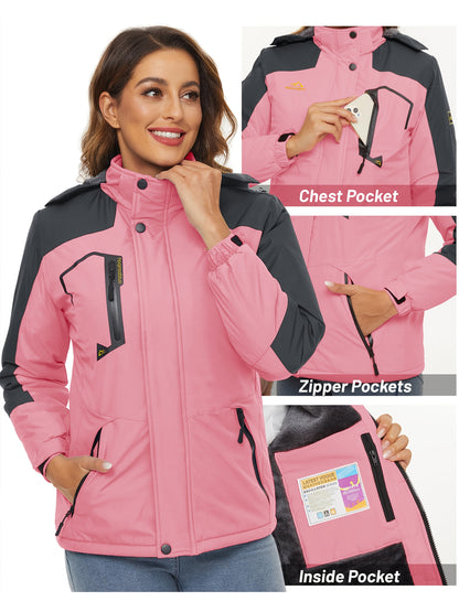 Women'S Warm Ski Jackets Winter Windproof Thermal Fleece Lined Coats Outdoor Detachable Hooded Heavy Weight Thick Jacket Camping Climbing Traveling Snowboard Windbreaker