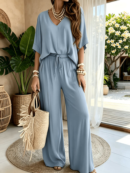 Women'S 2pcs V-Neck Wide Leg Pants Set - Boho Short Sleeve Loose Top & Drawstring Waist Outfit, Summer Beach Loungewear For Vacation, Perfect For Holiday And Daily Wear