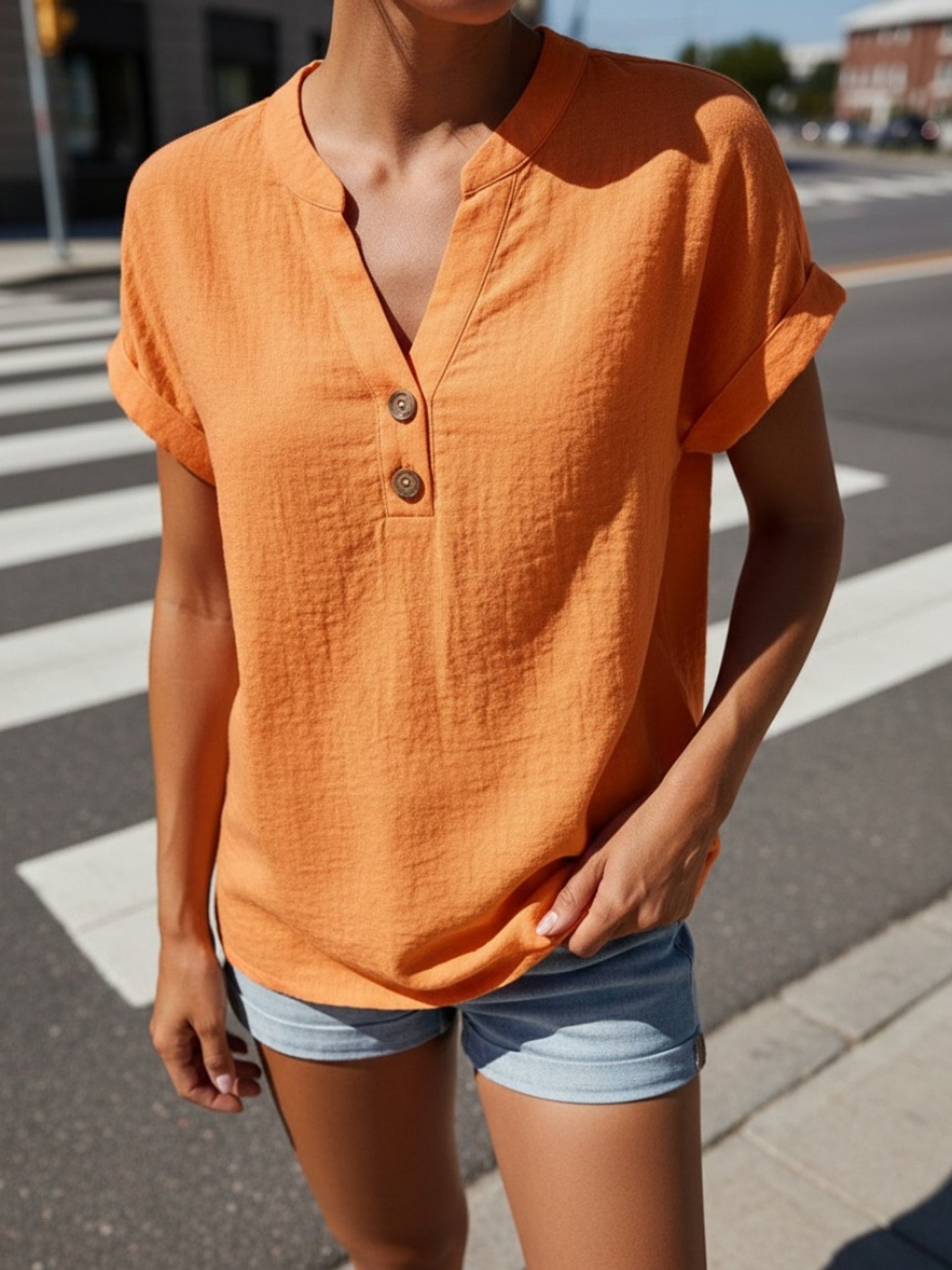 ZOELNIC Women's V-Neck Button-Front Placket T-Shirts - Short Sleeve Casual Summer Tops, Breathable Daily Wear Shirts Suitable for Spring/Summer, Solid Color Casual Wear, Machine Washable (No)