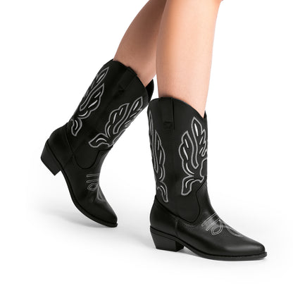 Women's Cowboy Boots Mid Calf Cowgirl Boots Embroidery Stitched Western Boots
