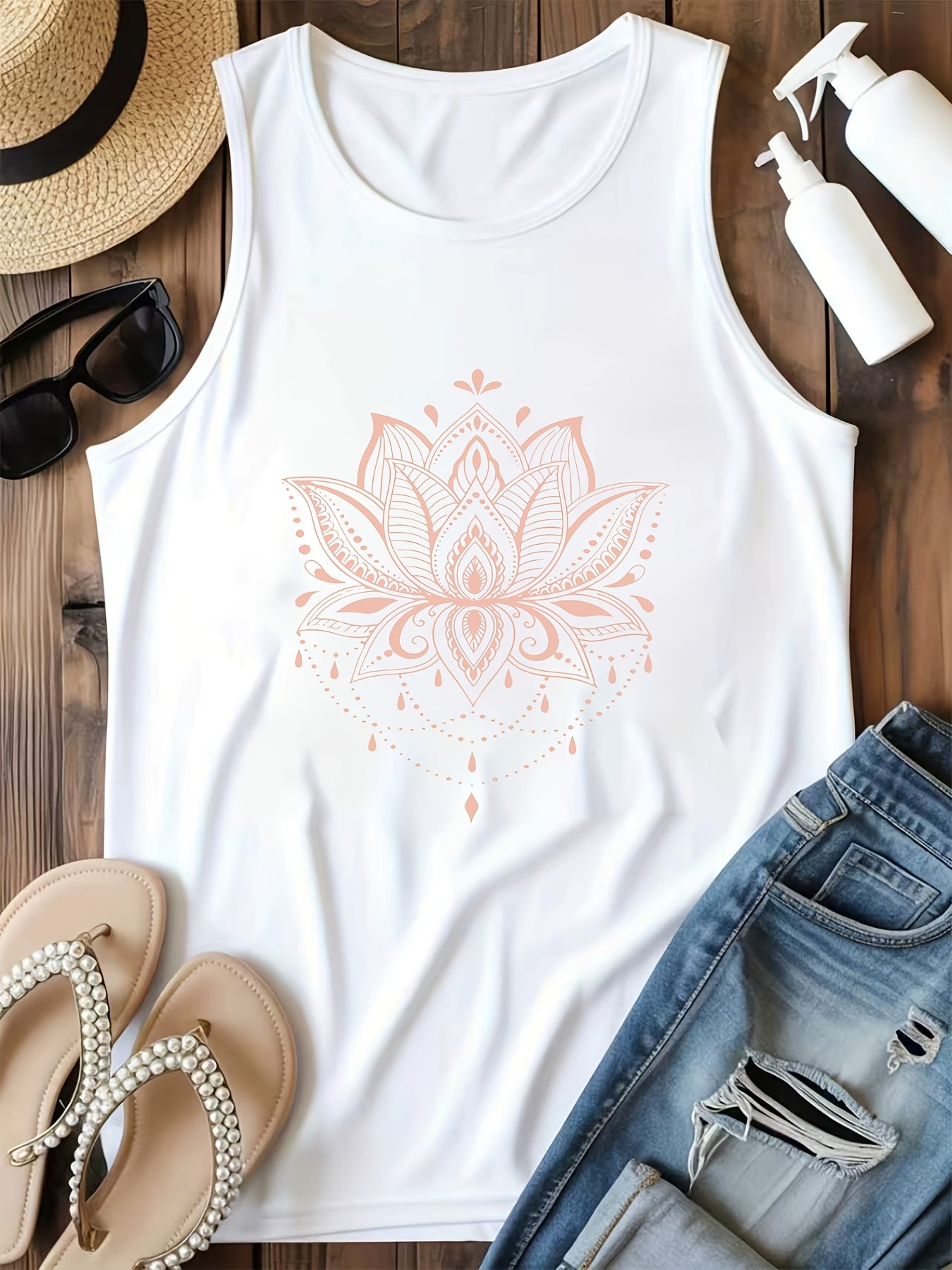 Plus Size Women'S Casual Pattern Vest Lotus Mandala Design Pattern Print Printed, Loose And Versatile, Machine Washable Tank Top, Seasonal Fashion Style, Non-See-Through Material