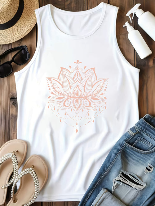 Plus Size Women'S Casual Pattern Vest Lotus Mandala Design Pattern Print Printed, Loose And Versatile, Machine Washable Tank Top, Seasonal Fashion Style, Non-See-Through Material