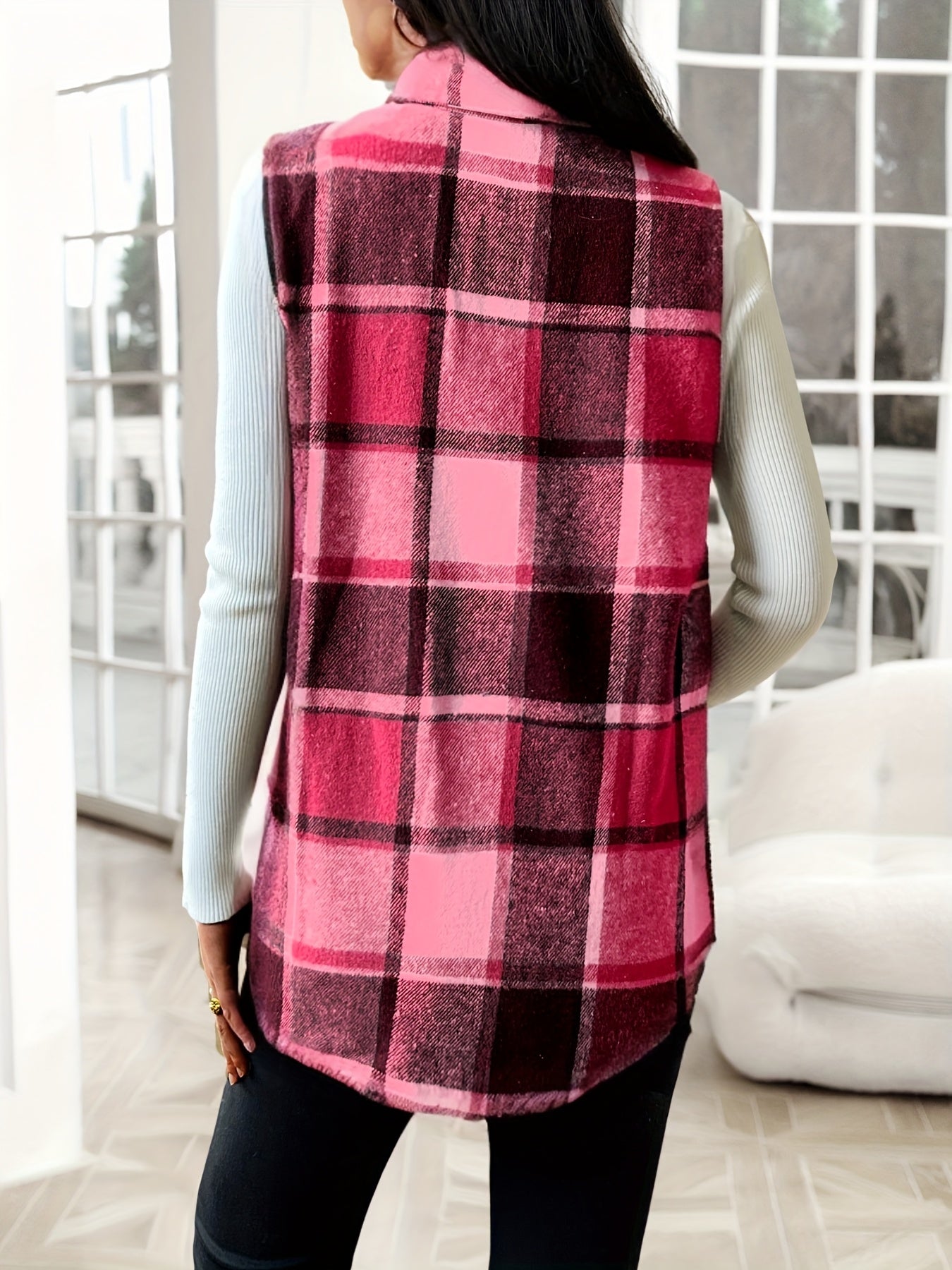 Fashionable Women'S Lapel Vest Jacket in Plaid for Spring, Autumn, And Winter