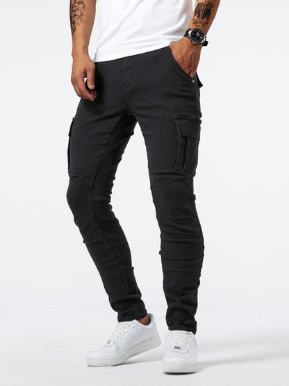 Slim Fit Multi Pocket Jeans, Men's Casual Street Style High Stretch Denim Pants for All Seasons Outdoor