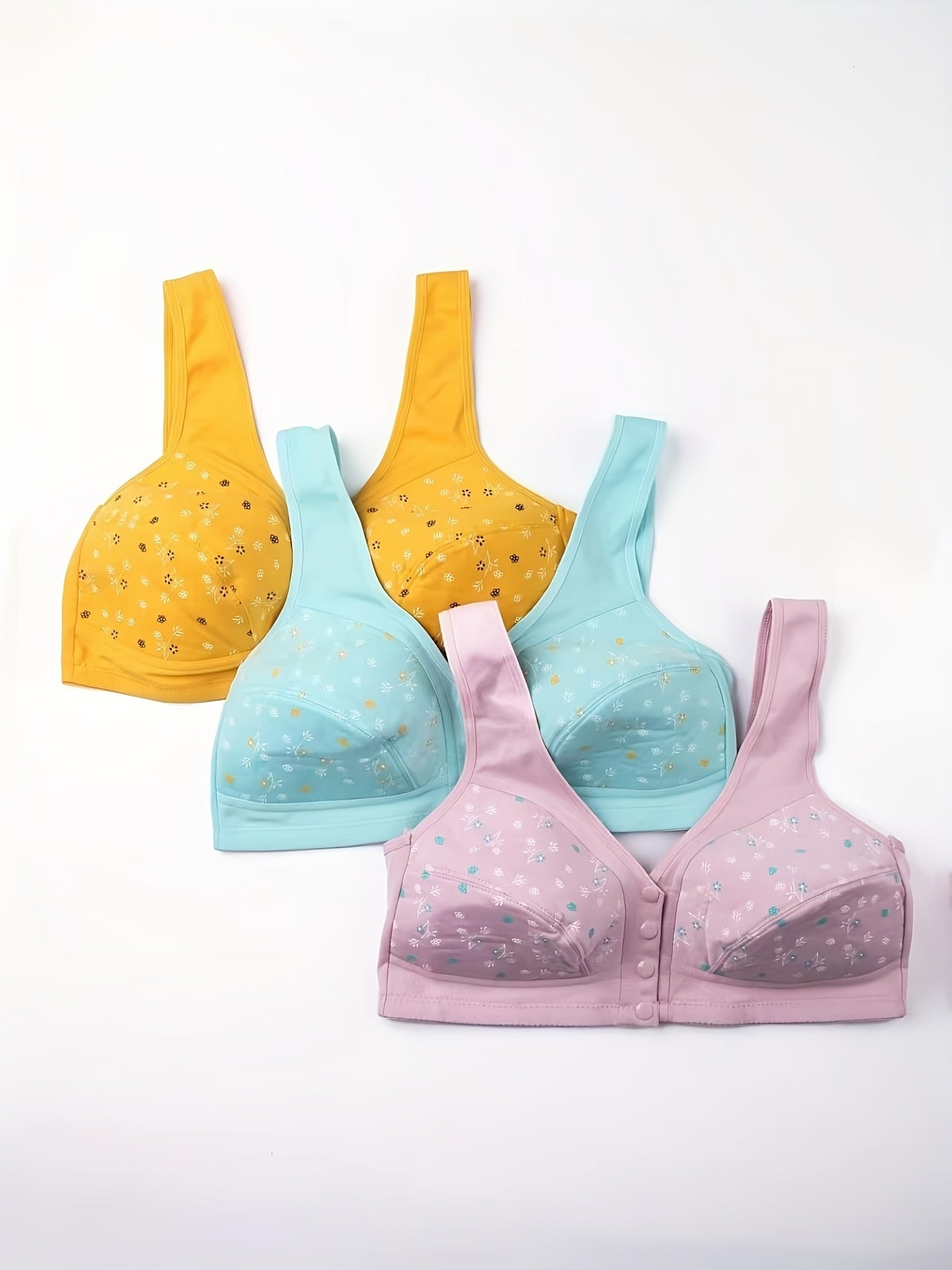 3pcs Plus Size Printed Front-Closure Bra Set Elegant Full-Cup Wire-Free Comfort Bras Women's Lingerie & Underwear Sets Everyday Bras Fashion Underwear Skin-Friendly Fabric Soft Material Padded Bras Seamless Underwear