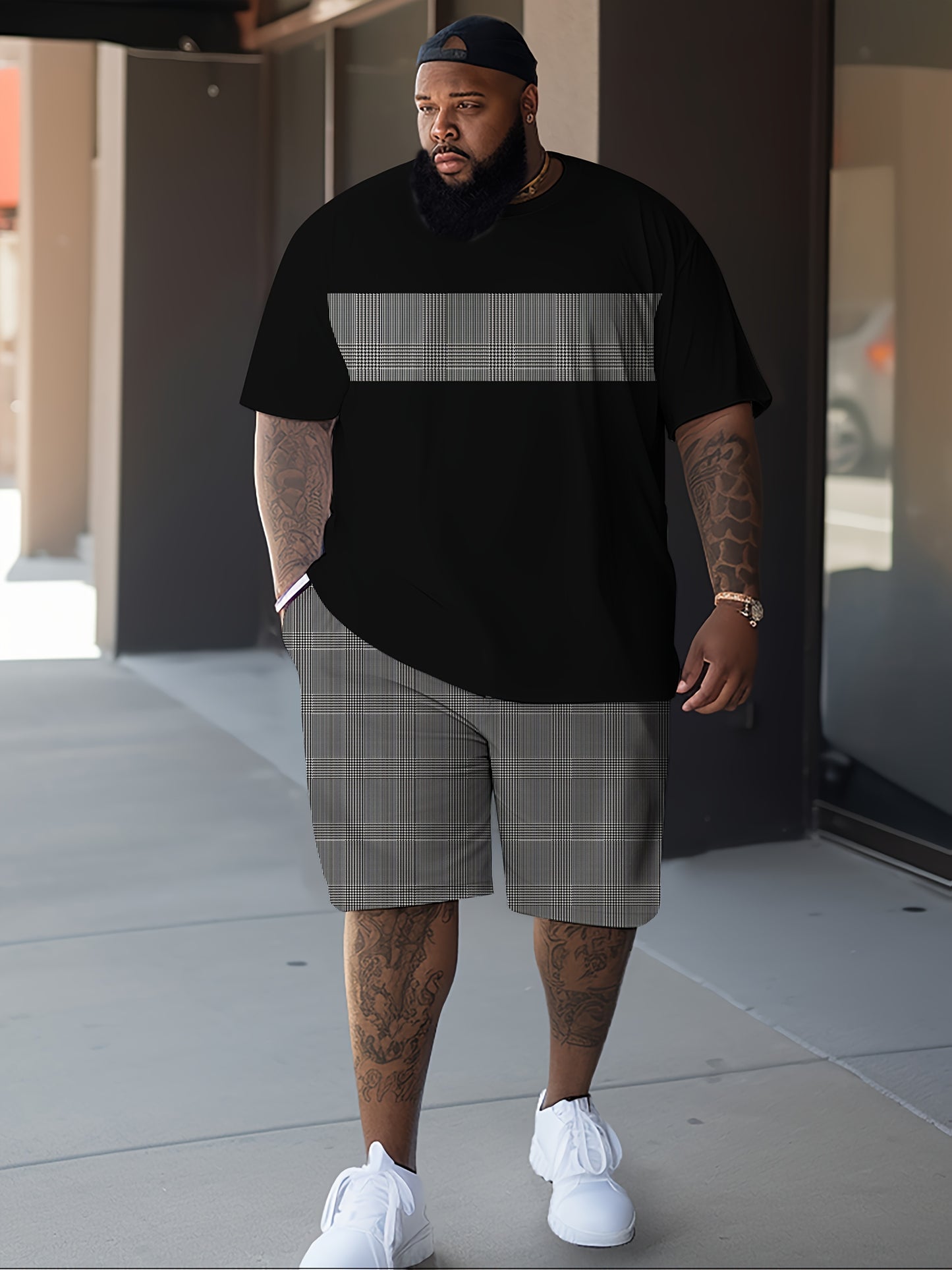 Men's Plus-Size 2pcs Casual Sports Set - Black Plaid T-Shirt & Matching Shorts | All-Season Comfort, Breathable & Lightweight | Hot Transfer Print Technology | Travel-Friendly Gym & Everyday Outfit | Machine Washable 2pcs Outfit, PLUS SIZE