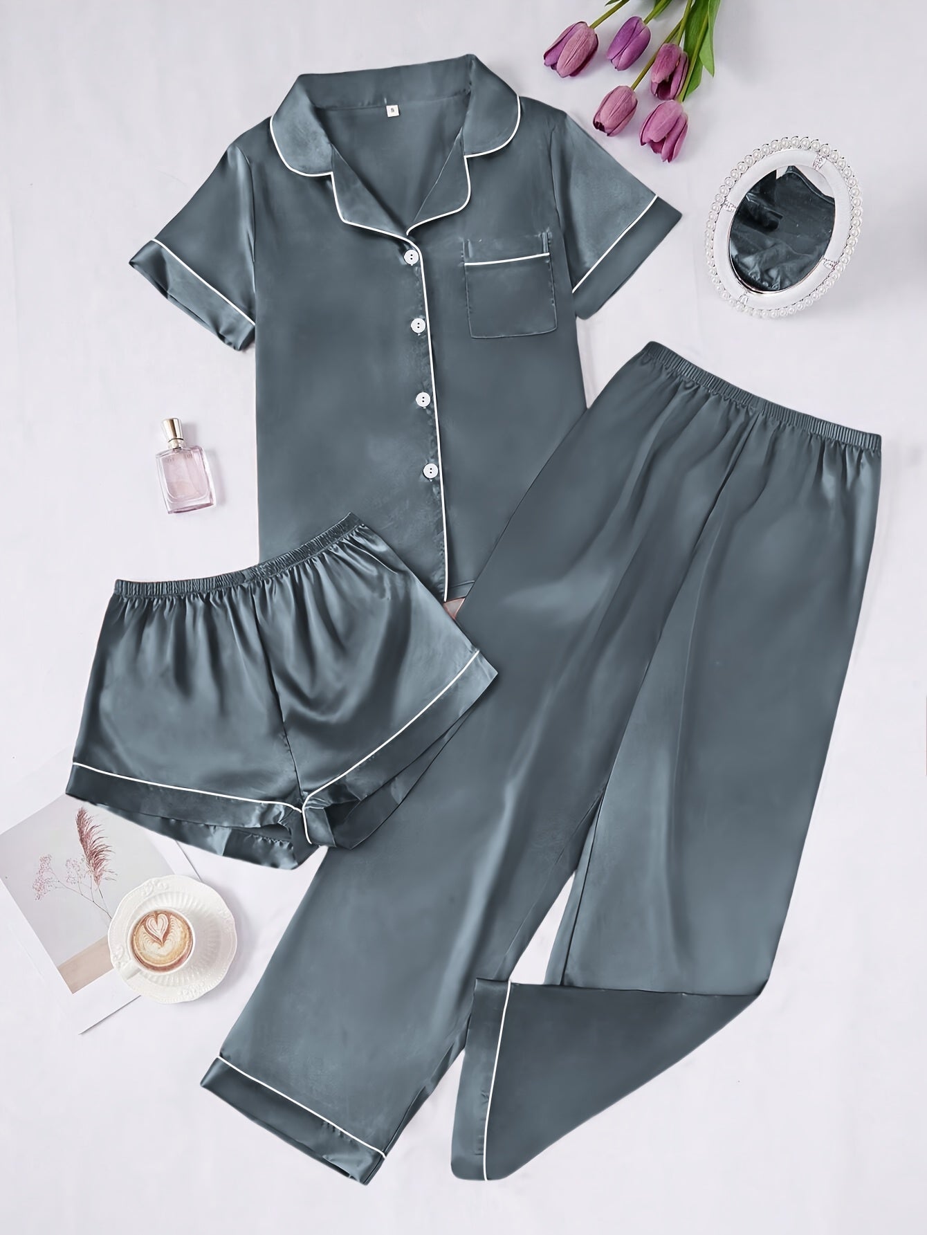 Solid Color Women'S Simple And Comfortable 3pcs Pajama Set, Includes 3pcss: Collared Short-Sleeve Top & Elastic Waist Shorts & Elastic Waist Long Pants Women'S Pajama Set