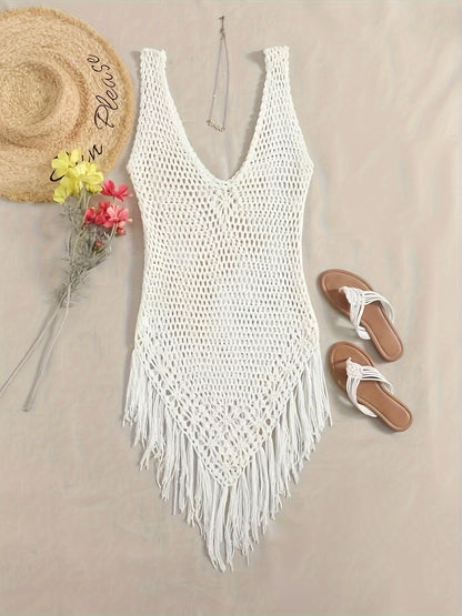 Boho Beach Hollow Cover Up Bodycon Dress - Women's Sleeveless Crochet Dress with Tassel