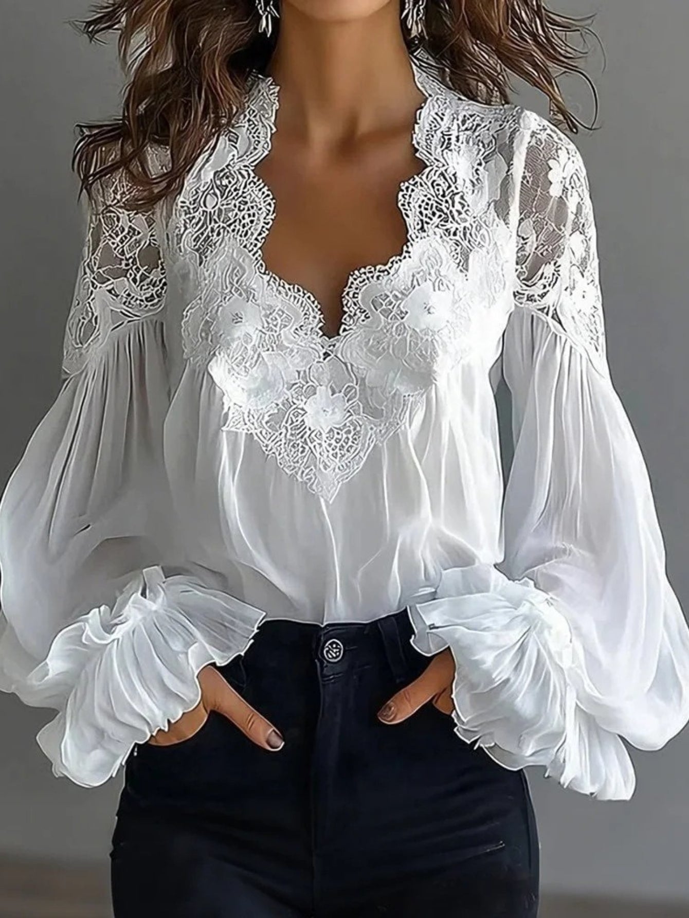 Plus Size, Spring and Summer Women's Bubble Sleeve Lace Splicing Shirt, Comfortable Fabric, Machine Washable
