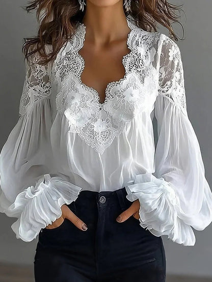Plus Size, Spring and Summer Women's Bubble Sleeve Lace Splicing Shirt, Comfortable Fabric, Machine Washable