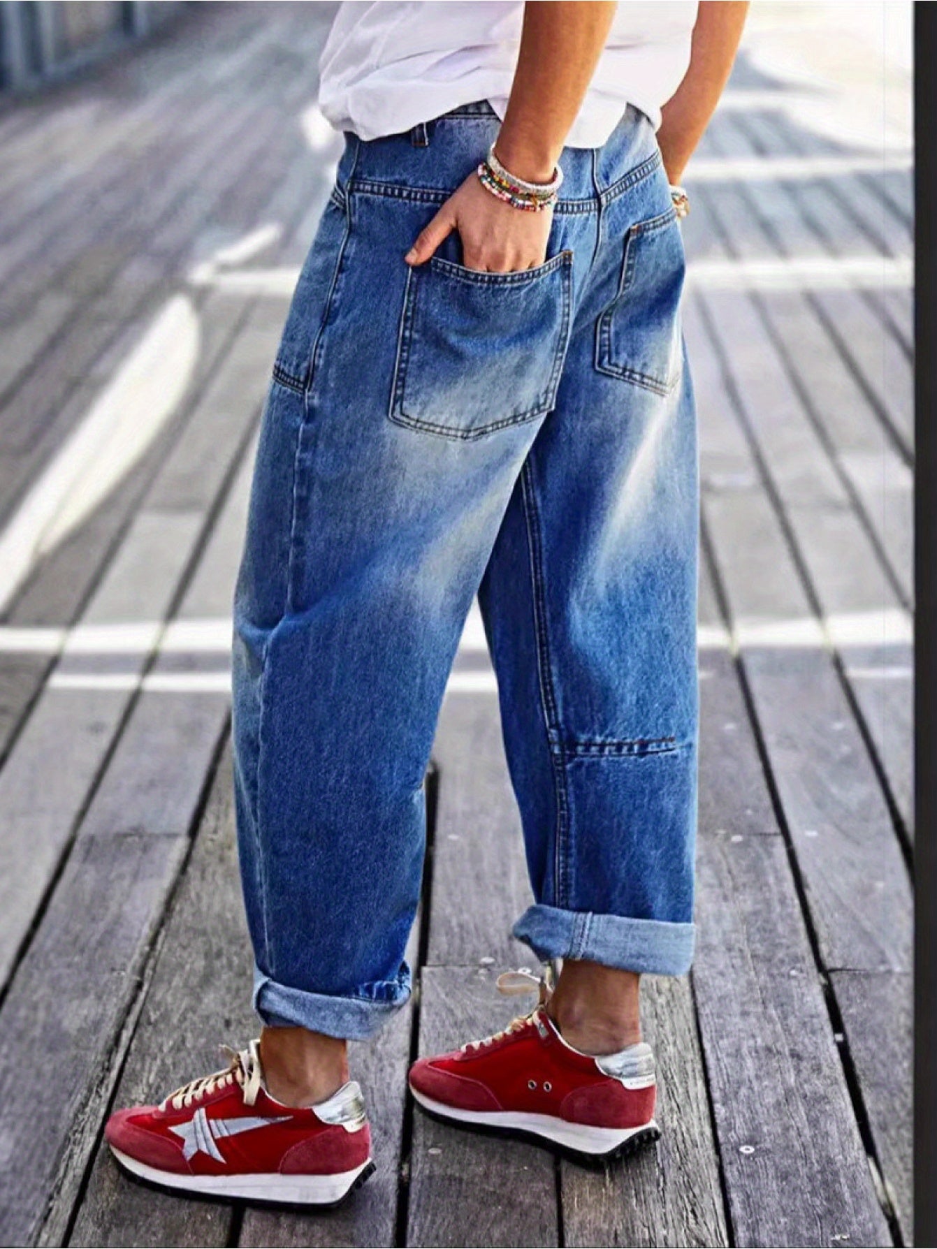 1pc Women'S High- Waisted Baggy Boyfriend Jeans, Vintage Wash Patchwork Pants, Loose Fit Tapered Trousers with Roll- Up Cuffs, Trendy Streetwear Ankle- Length Bottoms Casual Daily Outfits, Comfortable Relaxed Fit Jeans Spring