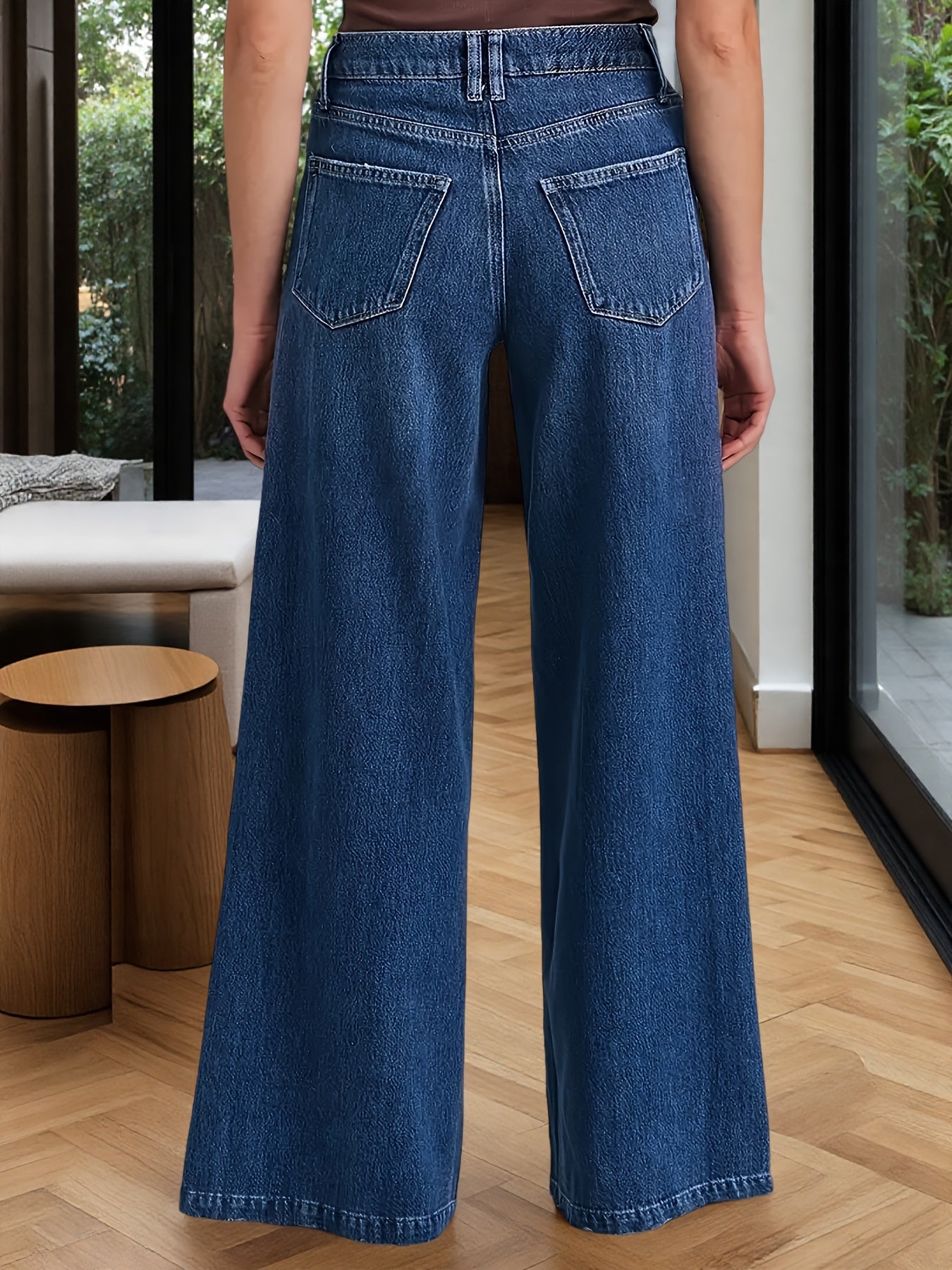Women's High-Waisted Stretch Blue Jeans - Retro A-Line Bell-Bottoms with Elastic Waist & Button Closure, Slim-Fit Straight-Leg Mid-Rise Floor-Length Casual Pants for All Seasons