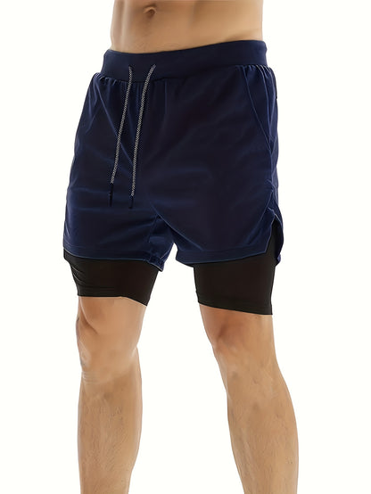 3pcs Men's 2-in-1 Double-layer Shorts with Inner Pocket, High Stretch Sports Shorts, Suitable for Summer Running, Gym Exercise And Training