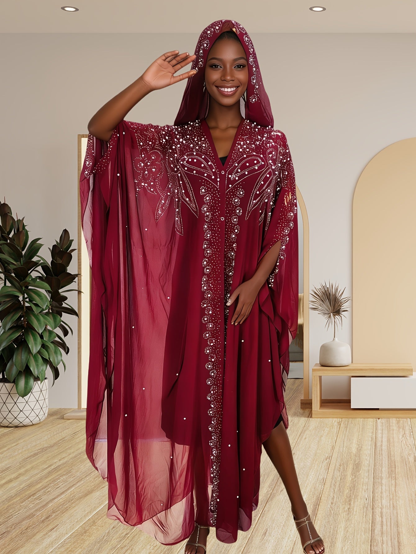 A Batwing Sleeve Shawl Wrap Adorned with Royal Blue Rhinestones, Inspired by Middle Eastern Styles. This Plus-Size Semi-Sheer Tunic Features a Loose Fit, Beaded Accents, And a Slit Hem, Perfect for Summer Weddings, Parties, And Cultural Gatherings