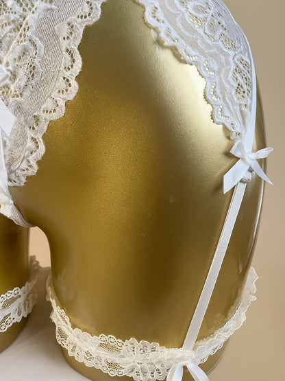 2pcs Women'S Sexy Semi-Sheer Hollow Floral Lace Mesh Lingerie Set, V-Neck Open Back, Lace-up Bra With Bow & Thong, Waistband, Garter Belt - Romantic Shapewear, Halloween Gifts