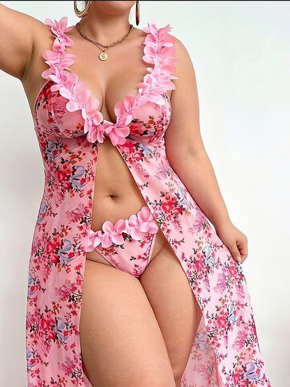 Plus Size Pink Three-Dimensional Petal Fun Set Floral Print Long High Slit Nightdress Beach Vacation Essential