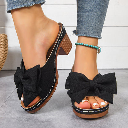 Summer Big Bow Women'S High-Heeled Sandals, Fashionable Round Toe Thick Heel Open Toed Sandals, Daily Outerwear Fashion Slippers