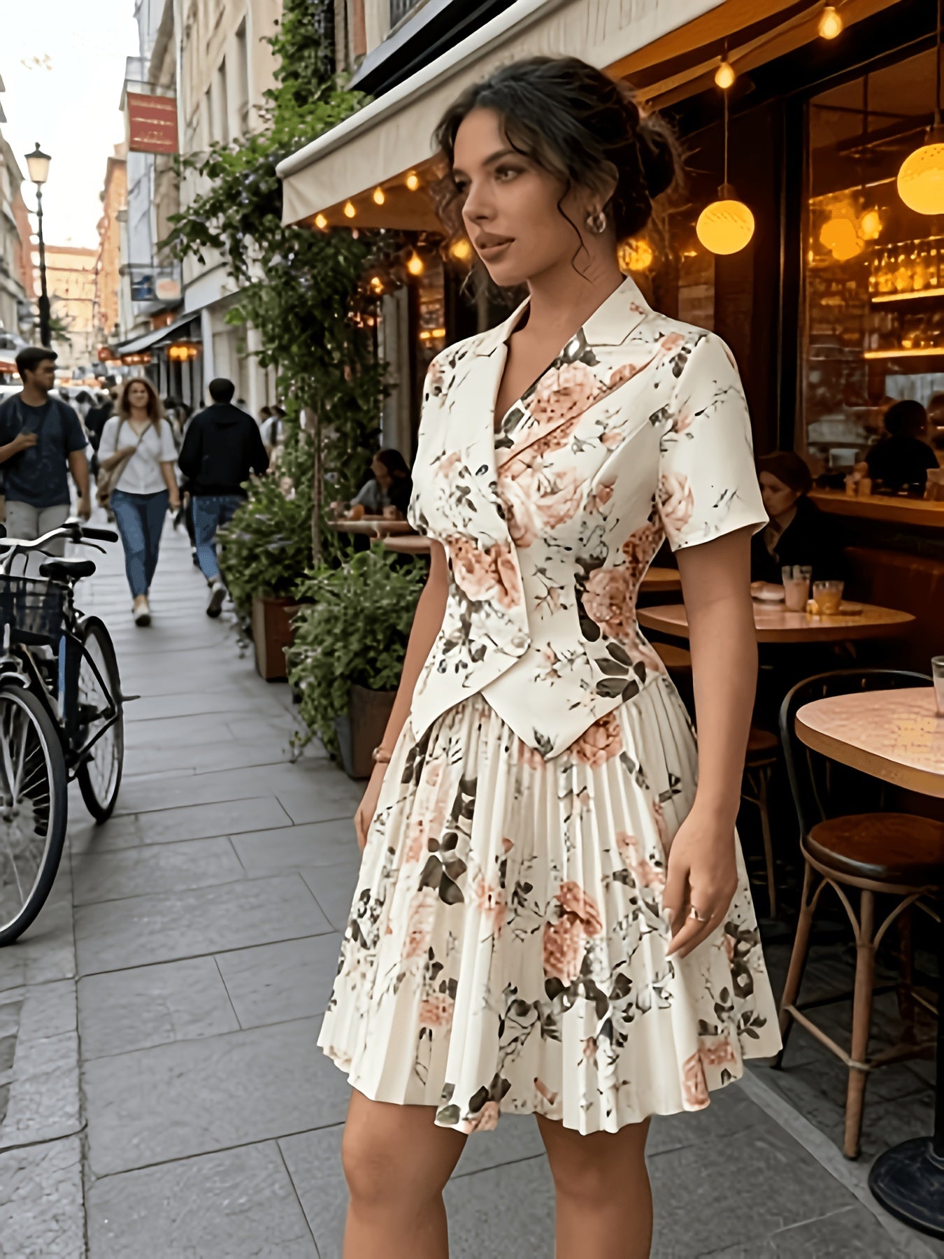 Romantic Date Beige Pink Rose Print Blazer Neck Dress, Short Sleeve Waist Pleated Hem, Slimming Breathable, Valentine Date Party Look, Gentle Women & Couples, Floral Print Blazer Dress