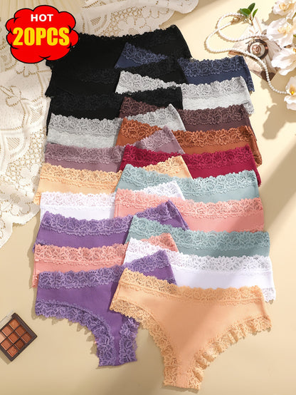 20pcs Set of Cotton Brazilian Pants, Lace And Lace Cotton Underwear, Comfortable, Elegant, Fashionable, Soft And Skin Friendly Underwear, Suitable for Daily Commuting, Women'S Underwear And Underwear