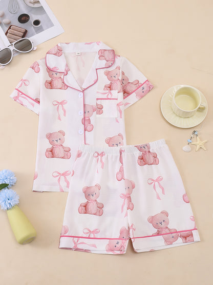 Random 1 Set!Girls' Lapel Pajama Set, Short-Sleeve Top And Elastic-Waist Shorts, Taro Purple Hearts, Light Pink Hearts, White with Teddy Bears And Bows, Pink with Black Hearts. Soft, Skin-Friendly Bubble Crepe for Cozy Home Wear