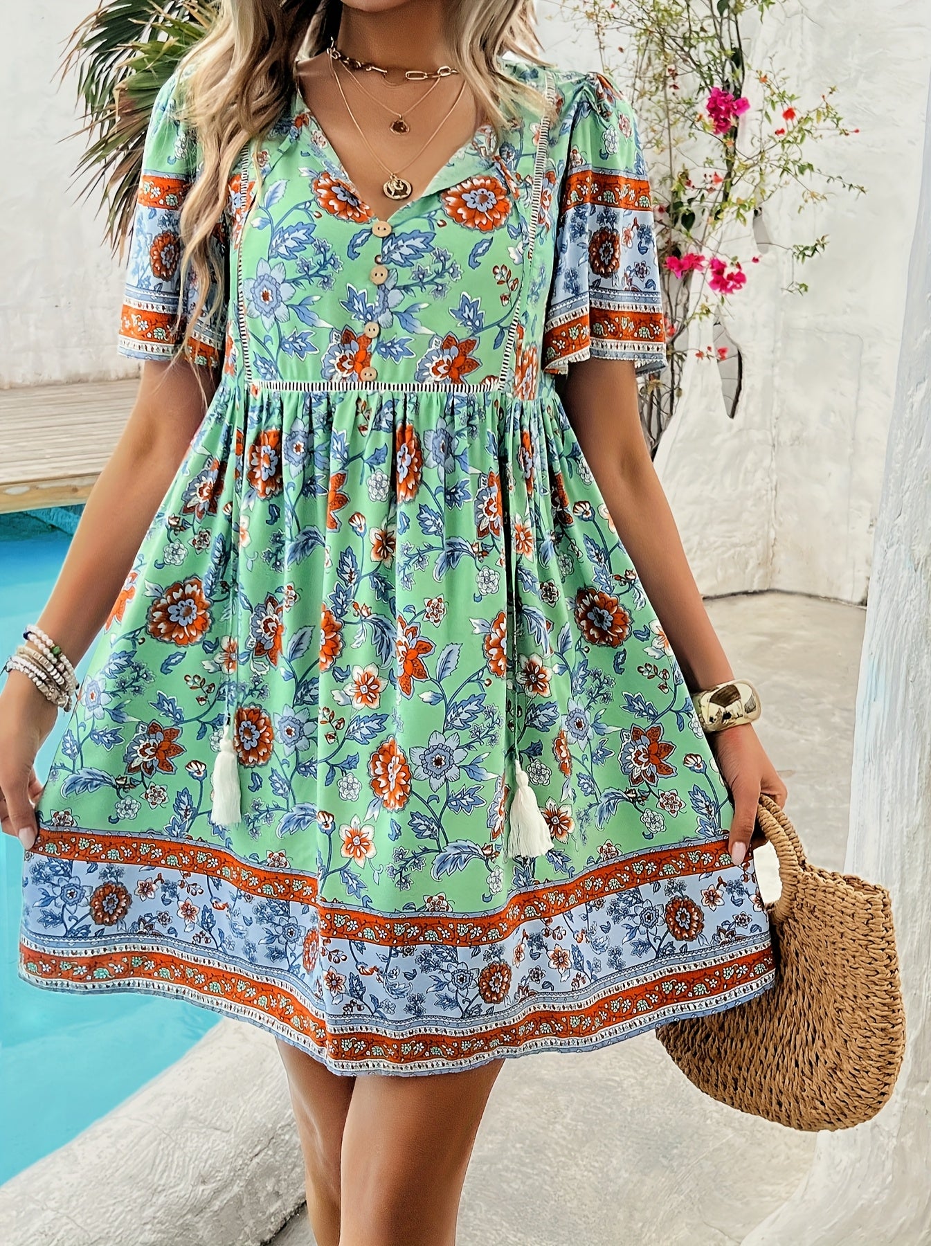 ZAFUL Summer Women's Dress, Women's Fashion New Elegant Romantic Bohemian Style Long Dress, Women's Fashion Deep V-neck Princess Sleeve Design, Fluffy High Waist Tassel Dress, Fashion Holiday Dress