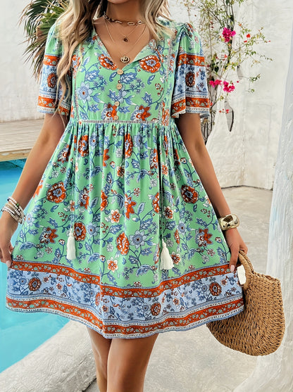 ZAFUL Summer Women's Dress, Women's Fashion New Elegant Romantic Bohemian Style Long Dress, Women's Fashion Deep V-neck Princess Sleeve Design, Fluffy High Waist Tassel Dress, Fashion Holiday Dress