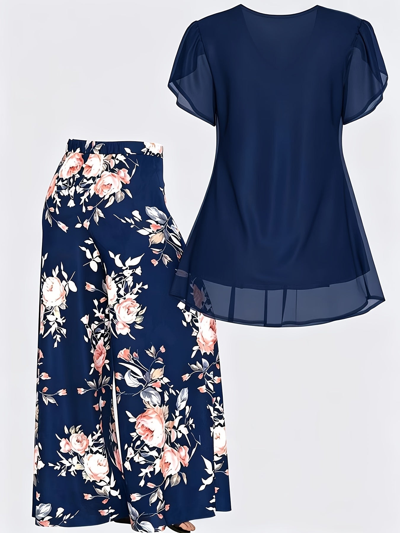 Plus Size - New Women'S Solid Color Top And Printed Pants Chiffon Fashion Style Set Top And Pants Two Piece Set