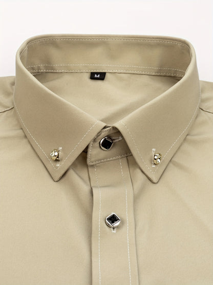 Father'S Day Gift Choice, Men'S Long Sleeve Button Shirt, Crystal Button Design, Solid Color Plain Formal Business Attire, Great As Gift for Party, Wedding, Date Dress Shirt
