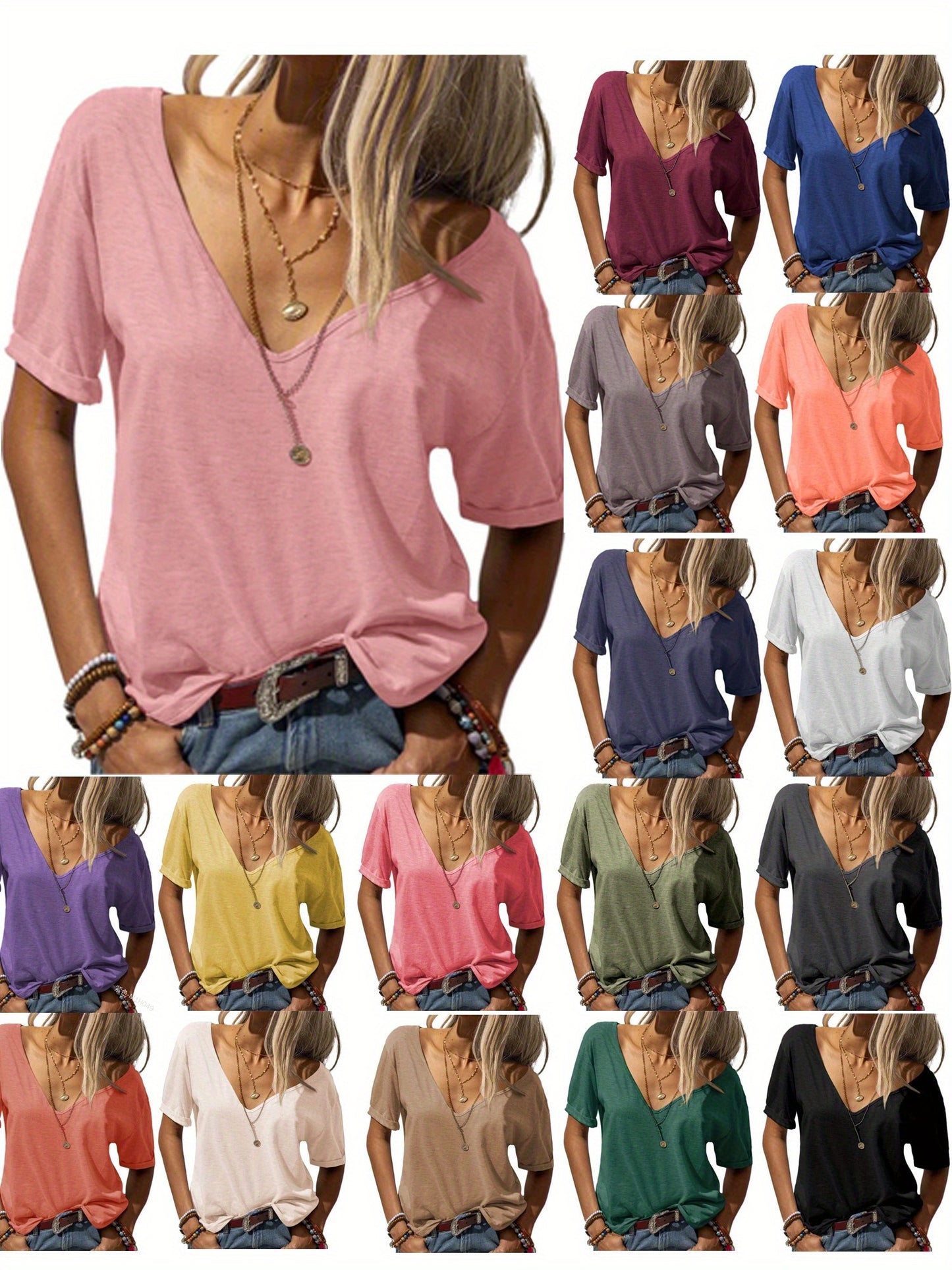 Casual Loose Basic T-Shirt for Women with a Deep V-Neck And Short Sleeves