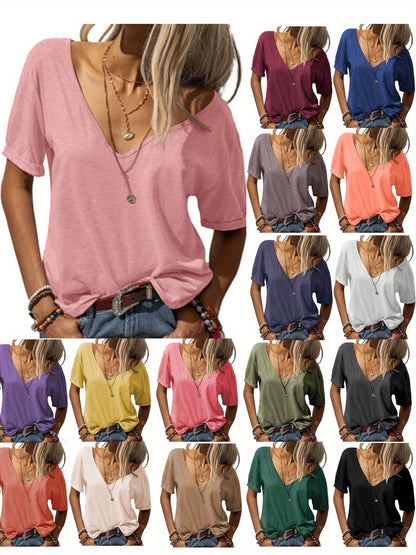 Casual Loose Basic T-Shirt for Women with a Deep V-Neck And Short Sleeves
