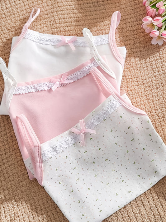 3pcs Set Breathable Stretchy Underwear, Comfortable Girls' Cotton Camisole Vest, Printed Children's Base Layer Thin Strap T-Shirt + Cake Skirt Princess Outfit, Summer Camisole Underwear and Panties for Casual Sports and Leisure Wear, 95% Cotton + 5%