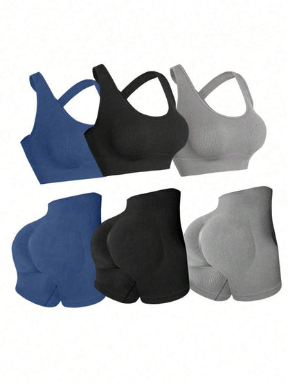 Three Sets of Seamless Women'S Sportswear Suits, Featuring High Elasticity, See-Through Back Bras And Tight-Fitting Short Pants for Enhancing Buttocks