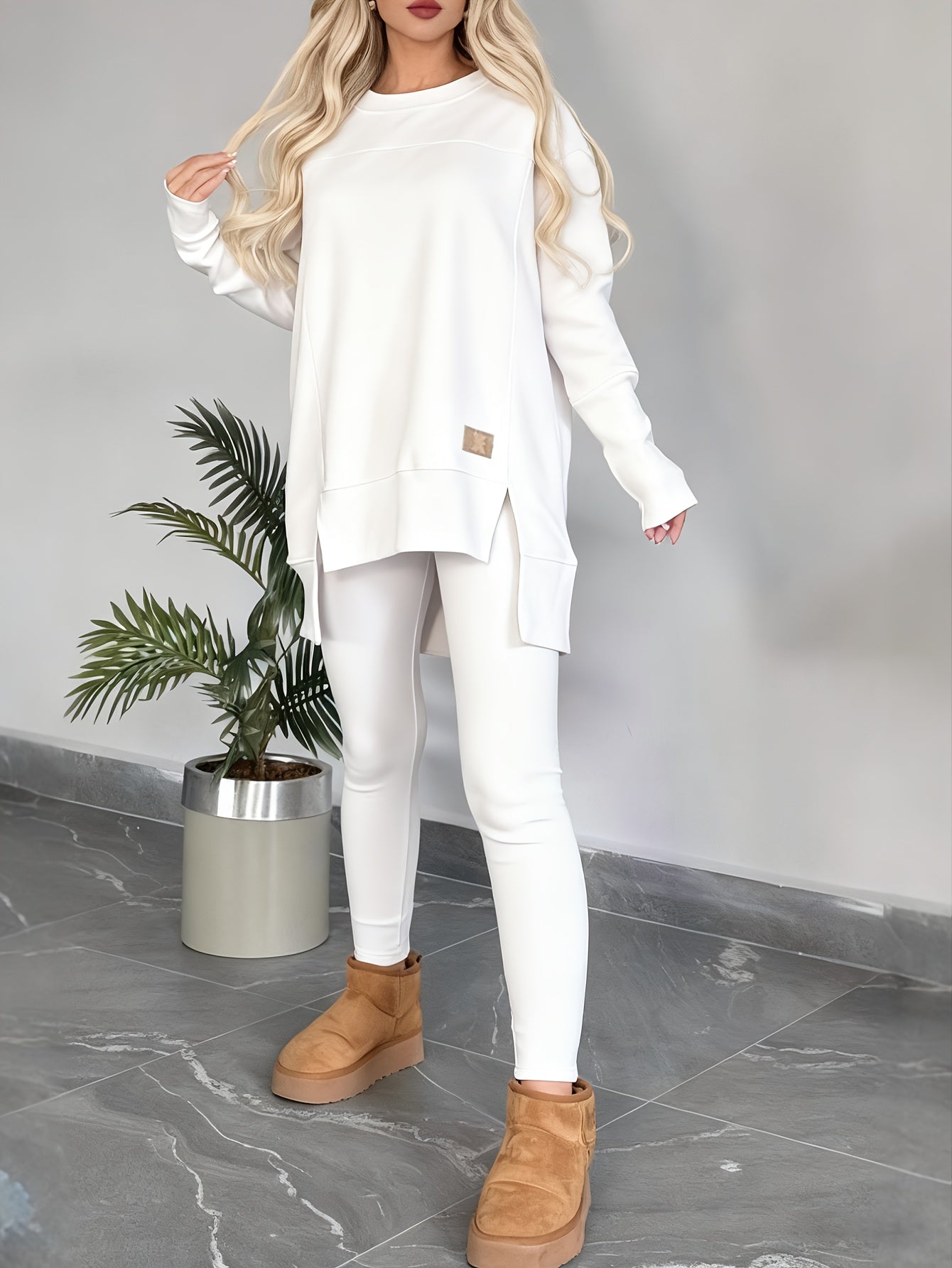 2pcs New Women'S Fashionable Casual Top with Slit Long Sleeves And Round Neck Casual Solid Color Set Suitable for Spring Workplace Commutes