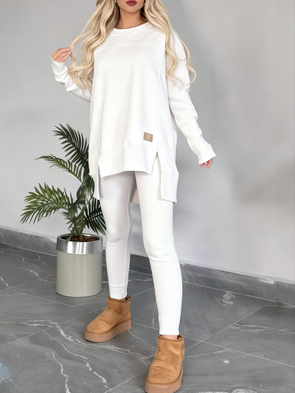 2pcs New Women'S Fashionable Casual Top with Slit Long Sleeves And Round Neck Casual Solid Color Set Suitable for Spring Workplace Commutes