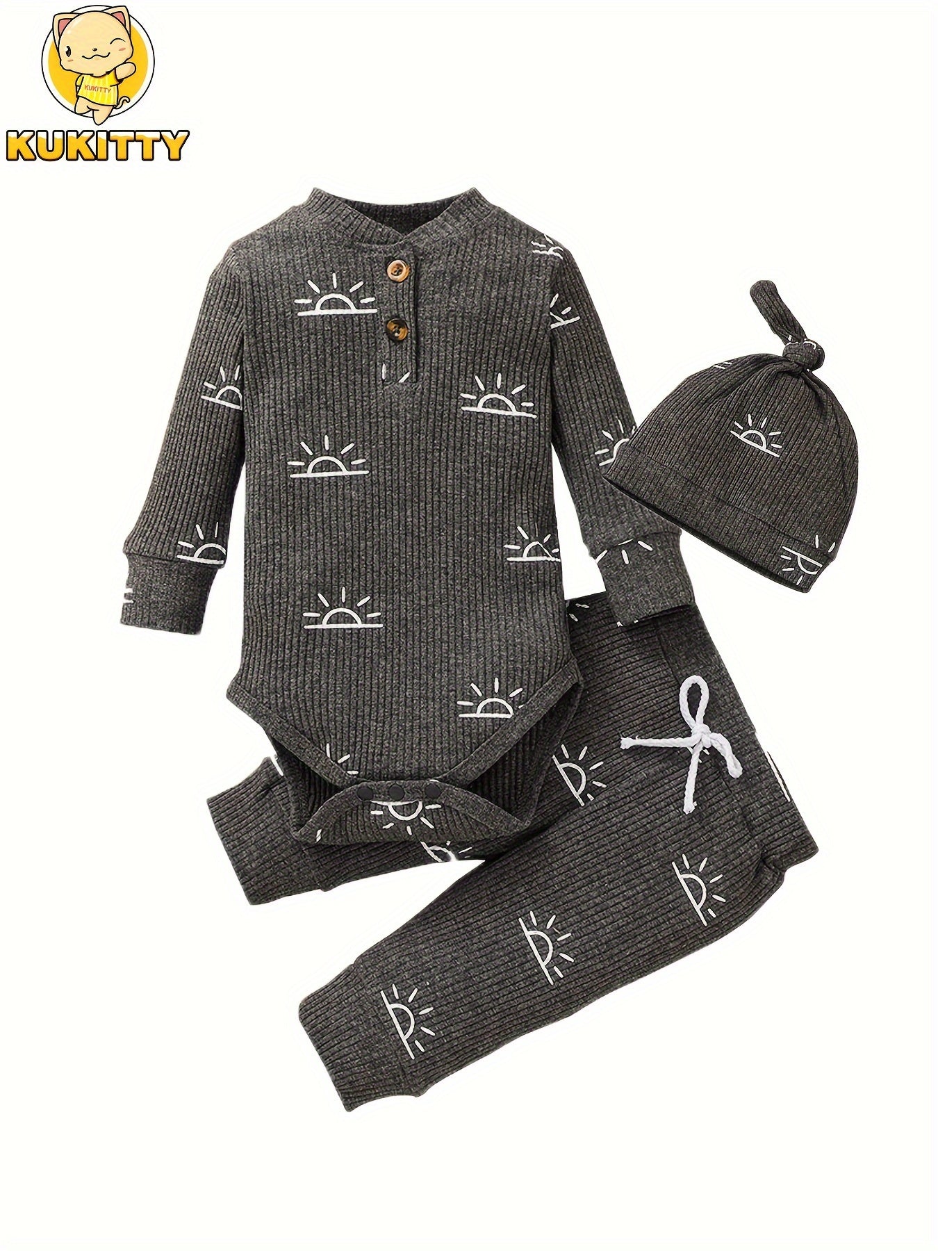 Kukitty Baby Boys Clothes Newborn Ribbed Long Sleeve Romper with Sun Pattern Pants Hat Outfits Set, for Outdoor