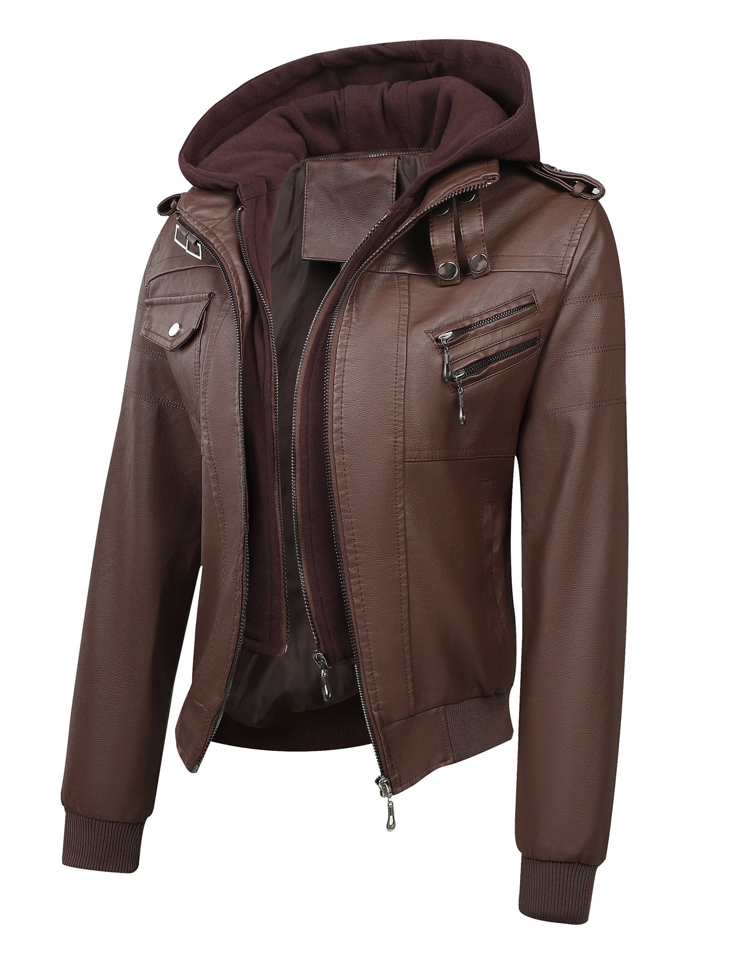 Women's Vintage-Style PU Leather Jacket - High Quality, Windproof, Tear- with Detachable Hood Casual Outdoor Riding Jacket