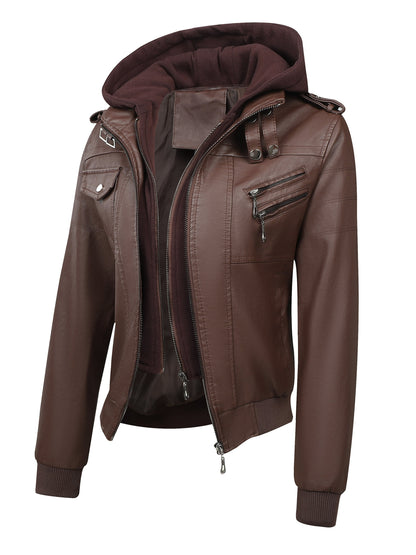 Women's Vintage-Style PU Leather Jacket - High Quality, Windproof, Tear- with Detachable Hood Casual Outdoor Riding Jacket