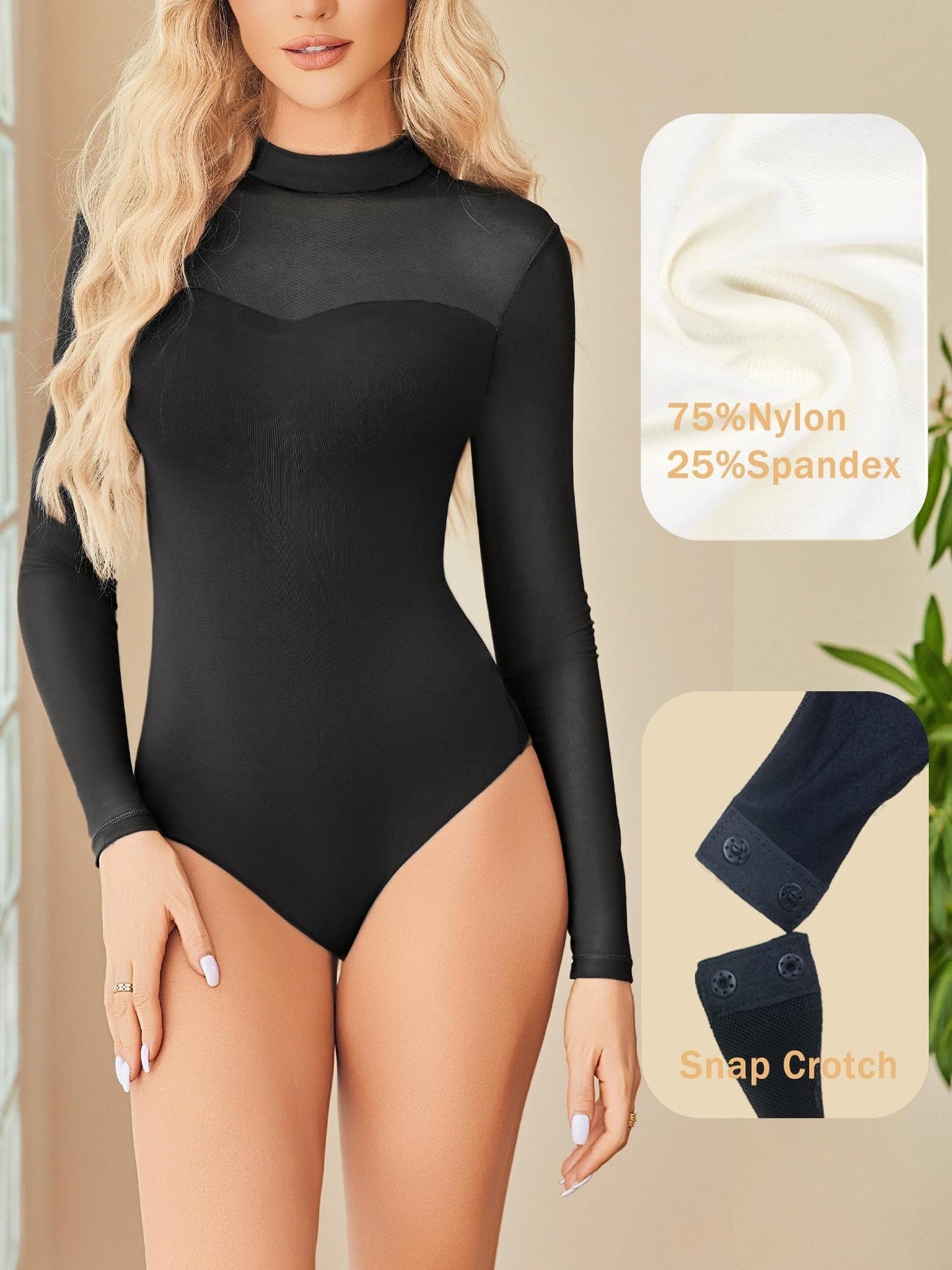 Sexy Mock Turtle Neck Sheer Mesh Long Sleeve Bodysuit Shirts Ruched Body Suit Leotard Tops