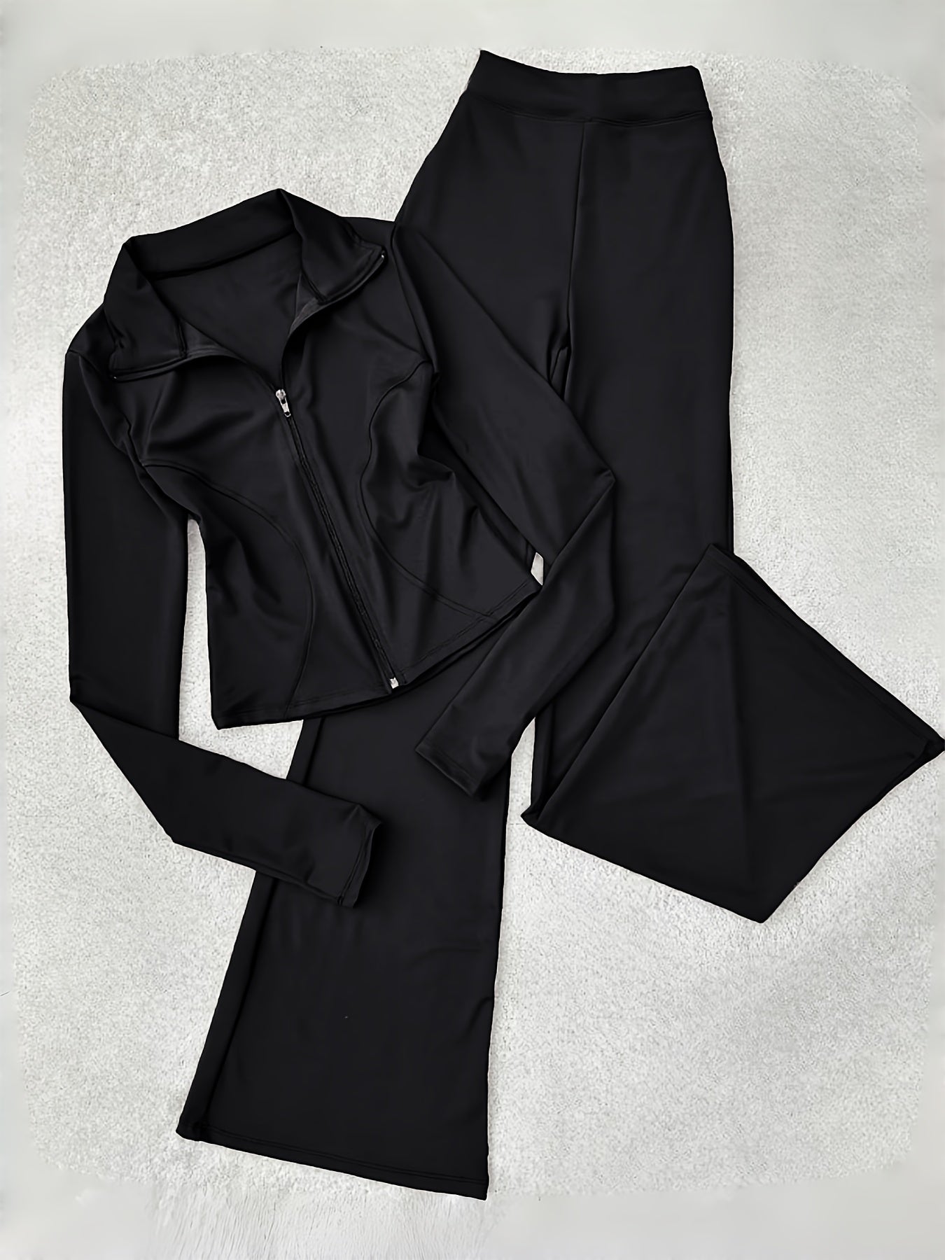 Zippered Long-sleeved Top with Flared Pants Set - Fashionable And Elegant Women's Outfit for Daily Casual Wear, And S. Available In Black, Gray And Beige Colors. Women's Tight Casual Outdoor Attire.