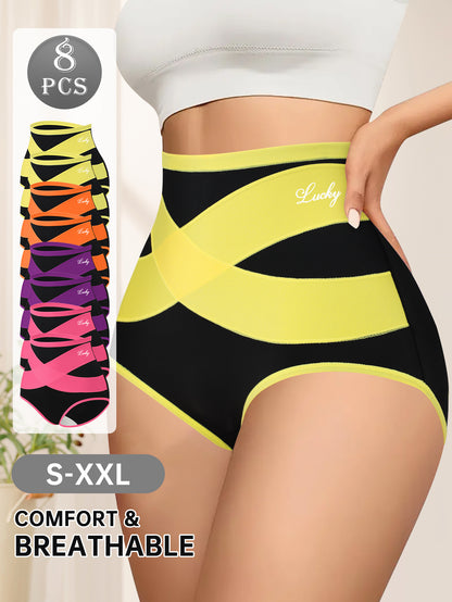 8pcs High Waist Women'S Color Clashing Shaping Panties, Cross Waistband Design, Comfortable And Breathable Mesh Fabric, Wrapping Belly, Shaping Body, Polyester And Spandex Blend, High Waisted Tummy Tucking Underwear, Suitable for Home Daily Wear