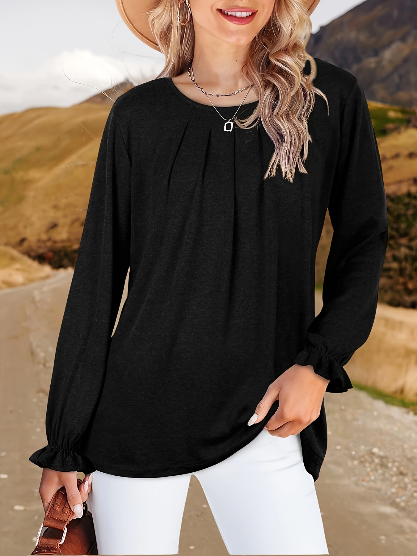 Womens Tops Dressy Casual Pleated Ruffle Long Sleeve Shirts Loose Fitting Blouses Tunic Tops