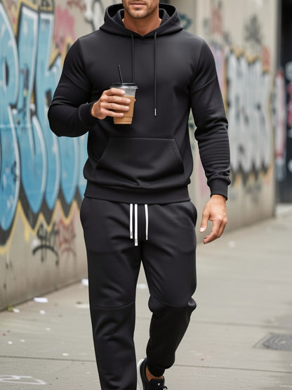 [ 6pcs Set ] Men's Casual Sports Hooded Sweatshirt Set, Long Sleeved Hooded Sweatshirt Paired with Drawstring Pants, Regular Style, Knitted Fabric, Black, Red, Gray, Three Color Combination Set, Solid Color Design