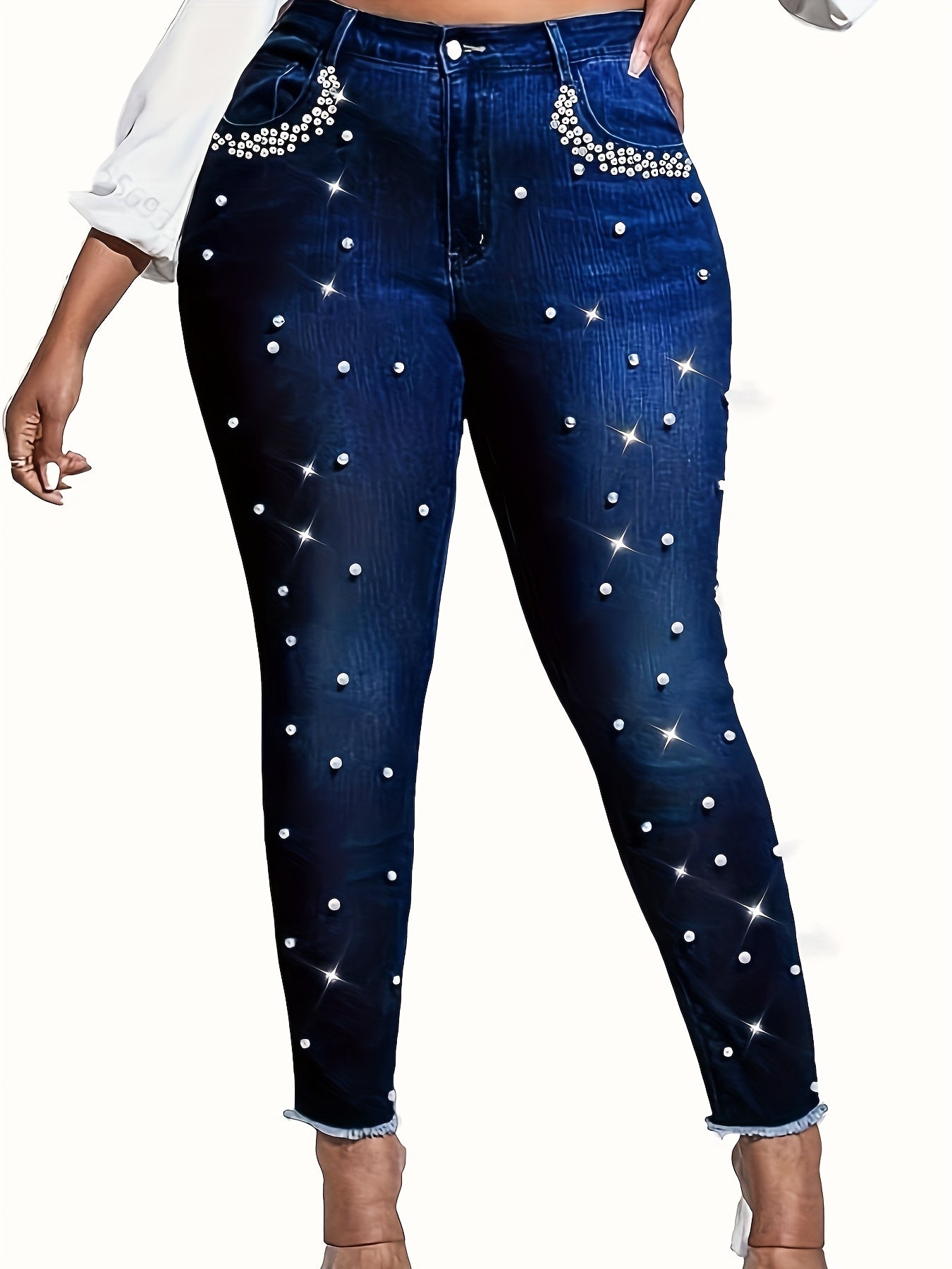 Women's 2707# Blue Stretch Fashion Skinny Bootcut Beaded Hem All-Season Jeans